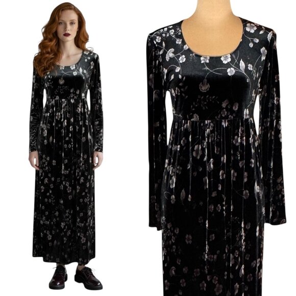 Vintage 90s Whimsigoth Velvet Maxi Dress Sz M Black Floral Witchy Goth Boho - Picture 1 of 13